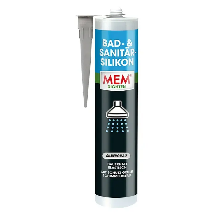MEM Silikon Bad- & Sanitär-Silikon - Silbergrau, 300 ml - Abbildung einer Kartusche Bad- & Sanitär-Silikon, silberfarben und mit Schimmelschutz. Zum Abdichten von Badezimmern und Sanitäranlagen.