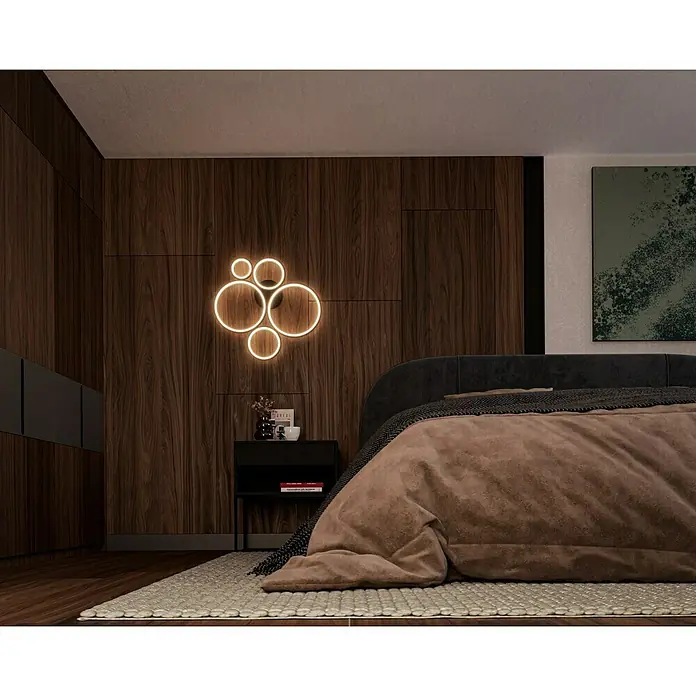 Trio Leuchten Rondo LED-Deckenleuchte - 49 W, L x B x H: 53 x 59 x 5,5 cm, Schwarz, Warmweiß - Elegantes Schlafzimmer mit modernem Wandleuchten-Design, das aus mehreren Kreisen besteht, die ein warmes, einladendes Licht spenden.