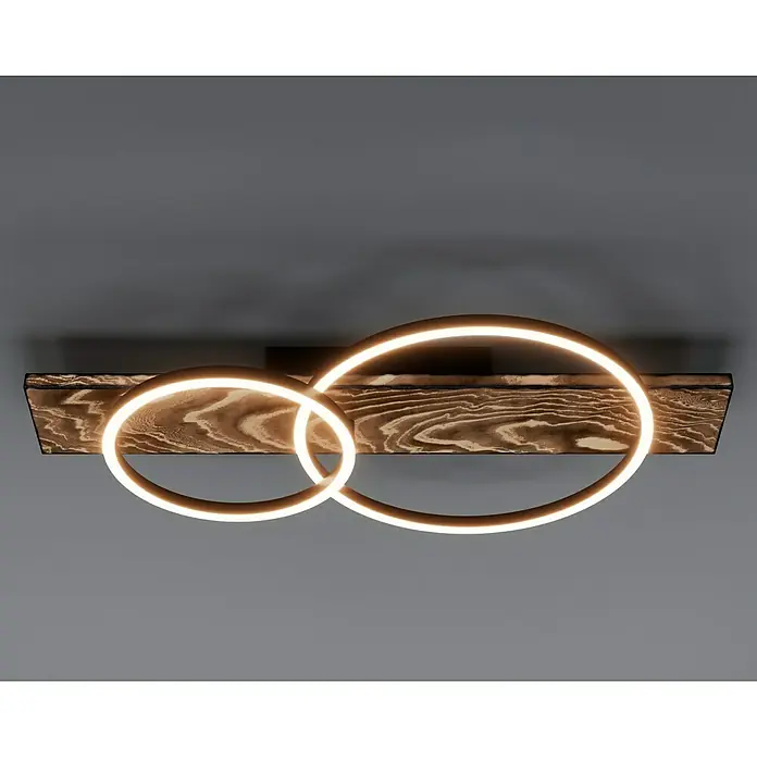 Eglo Boyal Plafón LED - 24 W, 78 x 40 x 9 cm, Madera/Claro, Blanco cálido, Número de bombillas: 2 ud. - Lámpara de techo moderna con dos anillos y un panel de madera. Los anillos LED crean una luz cálida que enfatiza la textura de la madera.