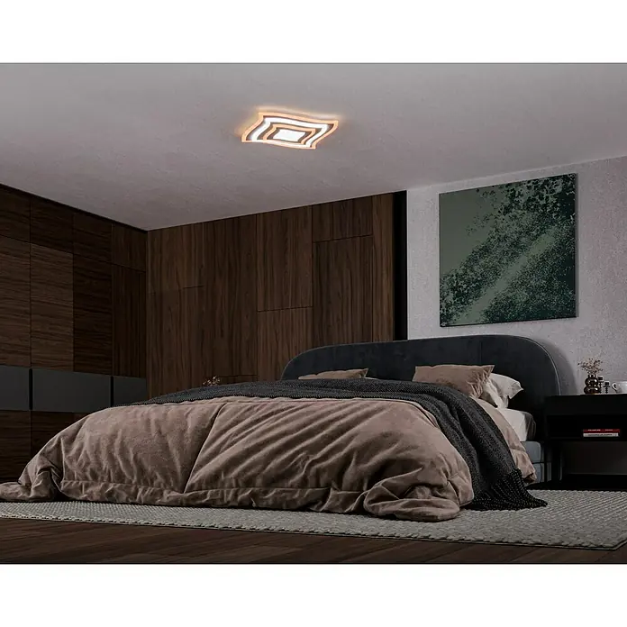 Fischer & Honsel LED-Deckenleuchte Gorden - 38 W, L x B x H: 43 x 43 x 6 cm, Weiß, Mehrfarbig - Dieses Schlafzimmer verfügt über eine moderne Deckenleuchte, die den Raum stilvoll beleuchtet. Elegantes Design mit warmem Licht für eine gemütliche Atmosphäre.