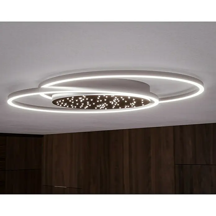 Paul Neuhaus LED-Deckenleuchte YUKI48 W, L x B x H: 66,8 x 50 x 5 cm, Stahl, Mehrfarbig - Moderne LED-Deckenleuchte mit einzigartigem Design. Die Lampe besteht aus zwei Ringen und einer zentralen Scheibe mit Sternenmuster, die für eine stimmungsvolle Beleuchtung sorgt.
