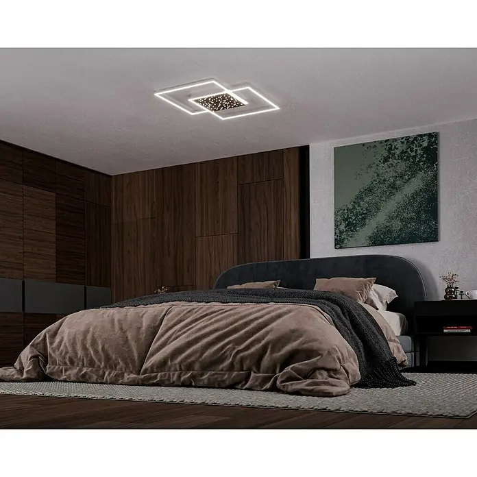 Paul Neuhaus LED-Deckenleuchte YUKI - 57 W, L x B x H: 67 x 67 x 5 cm, Stahl, Mehrfarbig - Modernes Schlafzimmer mit einer stilvollen quadratischen Deckenleuchte, die das Zimmer erhellt.\n
