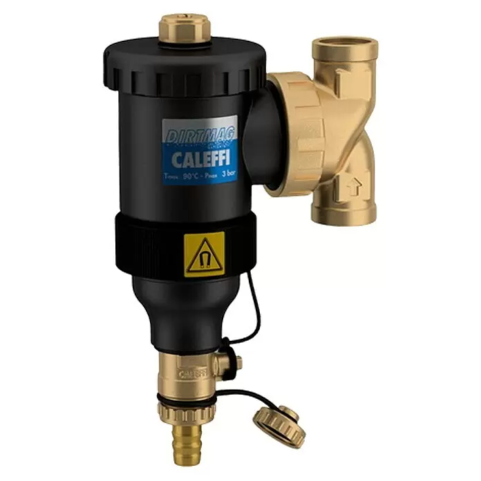 Caleffi Schlammabschneider Dirtmag - 1″, Schwarz - Schwarzer und messingfarbener Magnetit-Schlammabscheider von Caleffi, mit zylindrischem Körper, Y-Anschluss und Ablassventil.