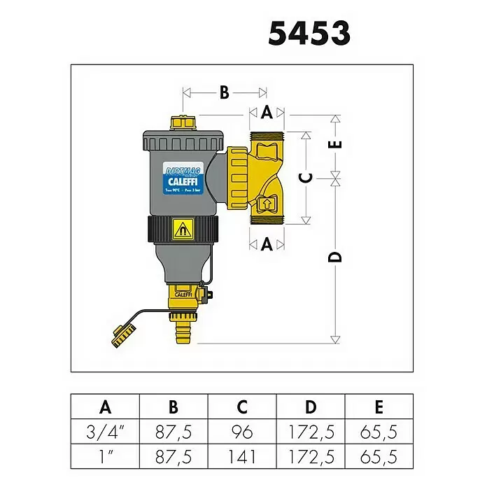 Caleffi Schlammabschneider Dirtmag - 1″, Schwarz - Grau-gelber Caleffi DIRTMAG Magnet-Schlammabscheider mit Anschlussmaßen.
