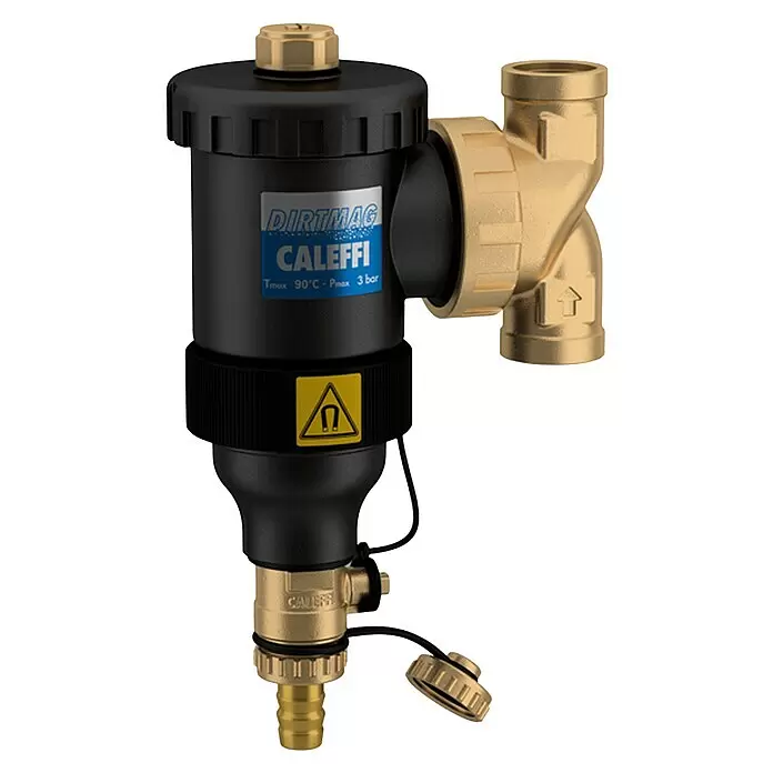 Caleffi Schlammabschneider Dirtmag - 1″, Schwarz - Schwarzer Caleffi DIRT Mag Magnetabscheider mit goldenen Messinganschlüssen.