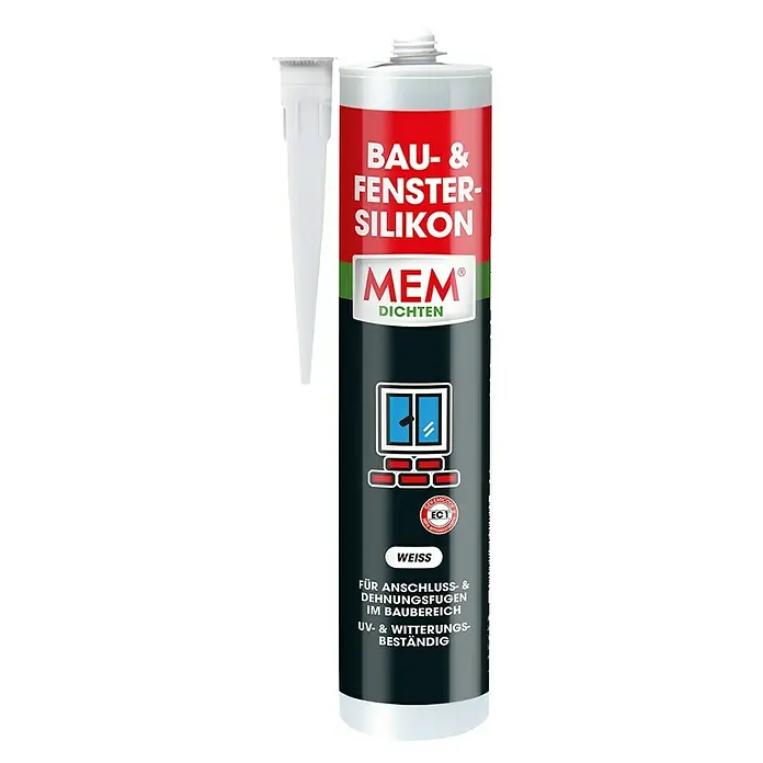 MEM Bau- & Fenstersilikon - Weiß, 300 ml - Abbildung einer Kartusche Bau- & Fenster-Silikon von MEM, geeignet für Anschluss- und Dehnungsfugen, UV- und Witterungsbeständig.