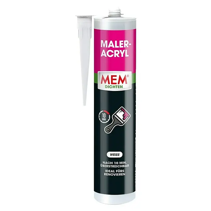 MEM Maleracryl - Weiß, 300 ml - Ein Bild einer Kartusche Maleracryl von MEM, ideal für Renovierungen, weiß, nach 10 min überstreichbar, mit einer Kartuschenspitze.