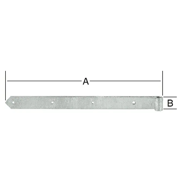 Vormann Bisagra - L x An: 400 x 40 mm - Imagen de una bisagra de puerta, etiquetada A y B para las dimensiones. La bisagra es de metal, con forma alargada y orificios de montaje.