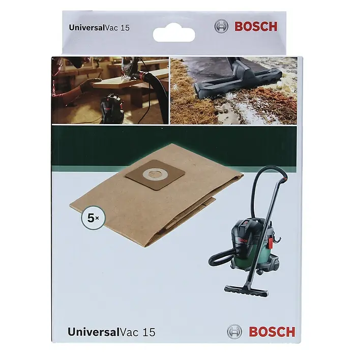 Bosch Papierfiltertüten - 5 Stk., Passend für: Bosch Nass-Trockensauger UniversalVac 15 - Produktbild der Bosch UniversalVac 15 Staubsaugerbeutel, 5 Stück, für Nass- und Trockensauger, dargestellt auf der Verpackung mit Anwendungen.