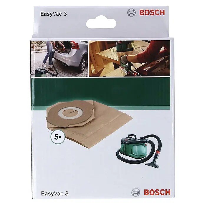 Bosch Papierfiltertüten - 5 Stk., Passend für: Bosch Staubsauger EasyVac 3 - Verpackung von Bosch EasyVac 3 Staubsaugerbeuteln mit Staubsauger und Anwendungsbeispielen auf der Vorderseite.