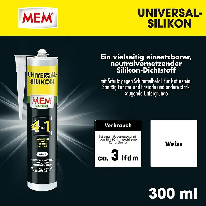 MEM Universal-Silikon 4in1 - Weiß, 300 ml - Abbildung der MEM Universal-Silikon-Kartusche, ein vielseitiger, neutralvernetzender Silikon-Dichtstoff in Weiß, 300 ml.