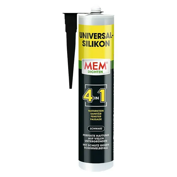 MEM Universal-Silikon 4in1 - Schwarz, 300 ml - MEM Universal-Silikon, ein vielseitiges Dichtmittel für Naturstein, Sanitär, Fenster und Fassaden. Es ist in Schwarz erhältlich.