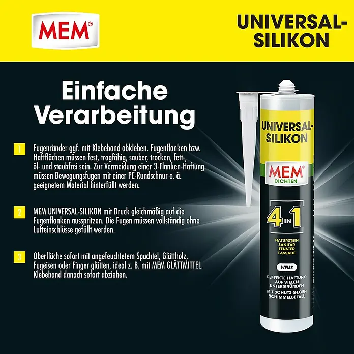 MEM Universal-Silikon 4in1 - Weiß, 300 ml - MEM Universal-Silikon: Einfache Verarbeitung und vielseitige Anwendung für Naturstein, Sanitär, Fenster und Fassaden. Für perfekte Haftung und Schutz vor Schimmelbefall.