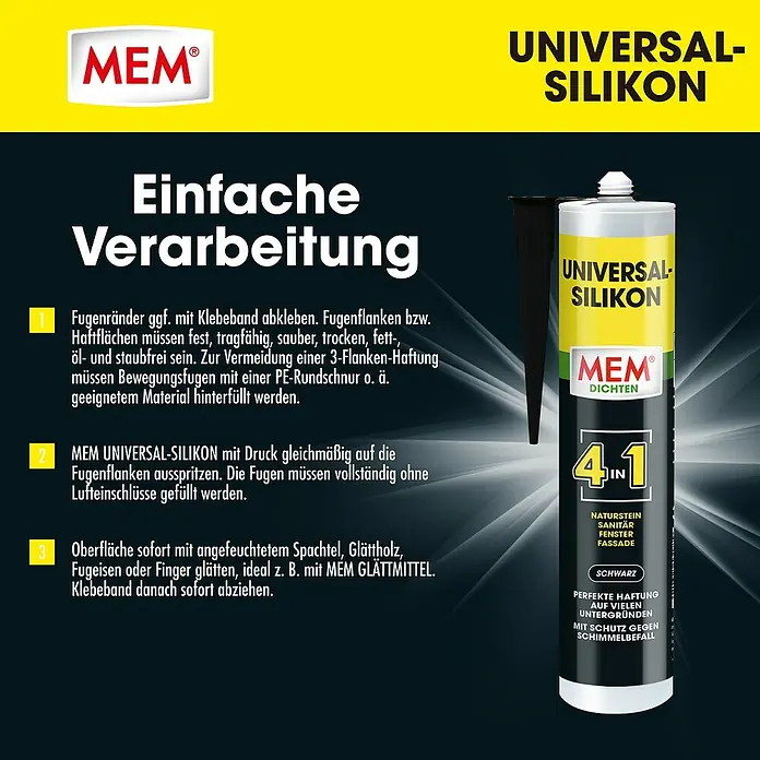 MEM Universal-Silikon 4in1 - Schwarz, 300 ml - Produktbild von MEM Universal Silikon, einem Dichtstoff für Naturstein, Sanitär, Fenster und Fassade in Schwarz.