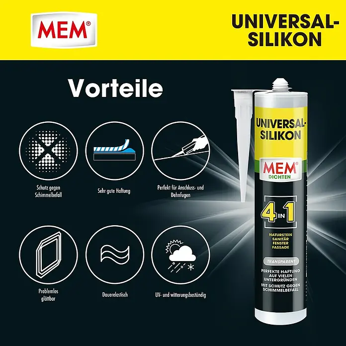 MEM Universal-Silikon 4in1 - Transparent, 300 ml - MEM Universal-Silikon, ein vielseitiges Dichtmittel für Naturstein, Sanitärbereiche, Fenster und Fassaden. Es ist transparent und schimmelresistent.