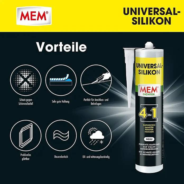 MEM Universal-Silikon 4in1 - Weiß, 300 ml - MEM Universal Silikon: Vielseitiges Silikon für Naturstein, Sanitär, Fenster und Fassade, mit Schutz gegen Schimmelbefall und UV-Beständigkeit.