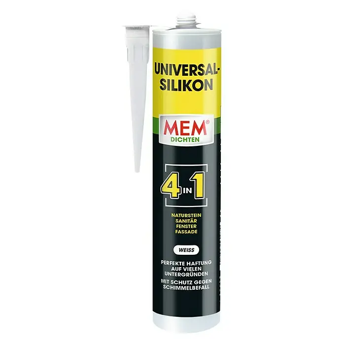 MEM Universal-Silikon 4in1 - Weiß, 300 ml - Abbildung eines MEM Universal-Silikon-Dichtstoffs in einer Kartusche mit Applikator. Das Produkt ist vielseitig einsetzbar und schimmelresistent.