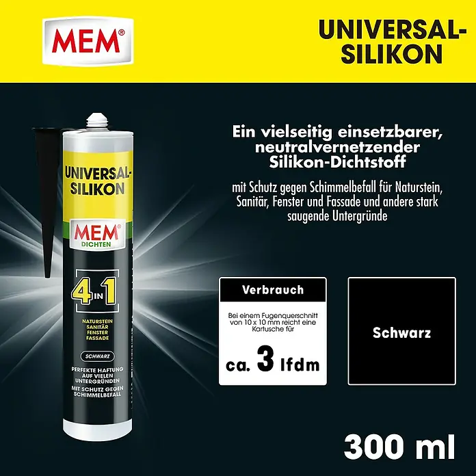 MEM Universal-Silikon 4in1 - Schwarz, 300 ml - MEM Universal-Silikon: Vielseitig einsetzbarer, neutralvernetzender Silikon-Dichtstoff für Naturstein, Sanitär, Fenster und Fassade.
