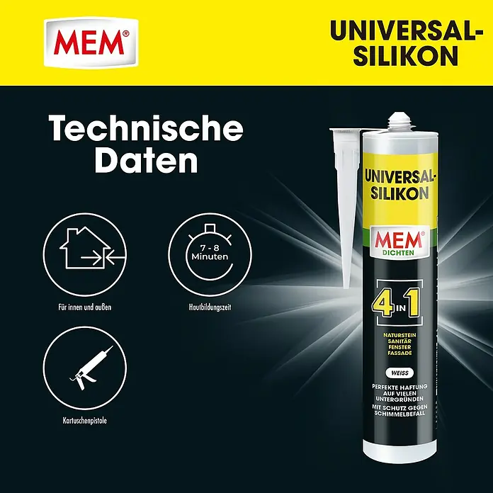 MEM Universal-Silikon 4in1 - Weiß, 300 ml - MEM Universal-Silikon: Technische Daten, geeignet für innen und außen, Hautbildungszeit 7-8 Minuten, Kartuschenpistole zur Anwendung.
