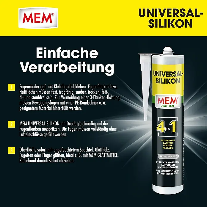 MEM Universal-Silikon 4in1 - Transparent, 300 ml - MEM Universal Silikon für einfache Verarbeitung. Ideal für Naturstein, Sanitär, Fenster und Fassade. Transparent und schimmelbeständig.
