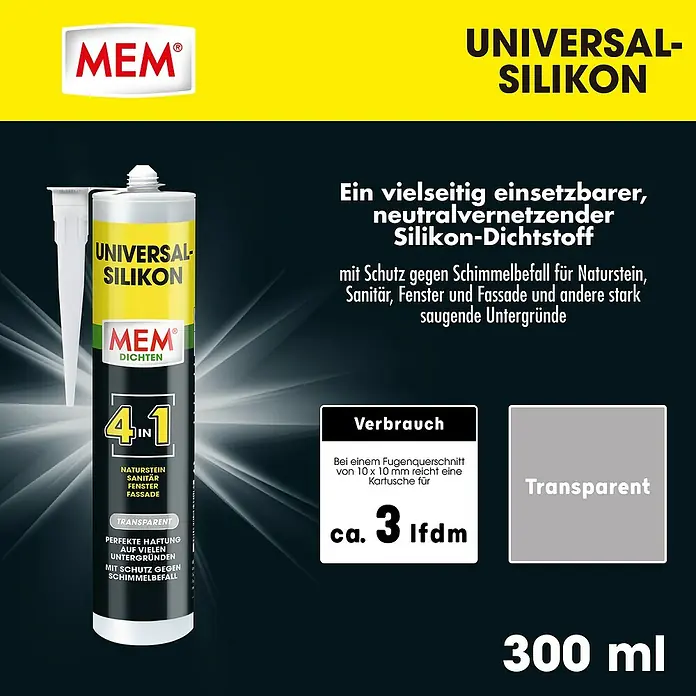 MEM Universal-Silikon 4in1 - Transparent, 300 ml - Bild von MEM Universal Silikon, einem neutralvernetzenden Silikon-Dichtstoff mit Schimmelschutz für Naturstein, Sanitär, Fenster und Fassade.