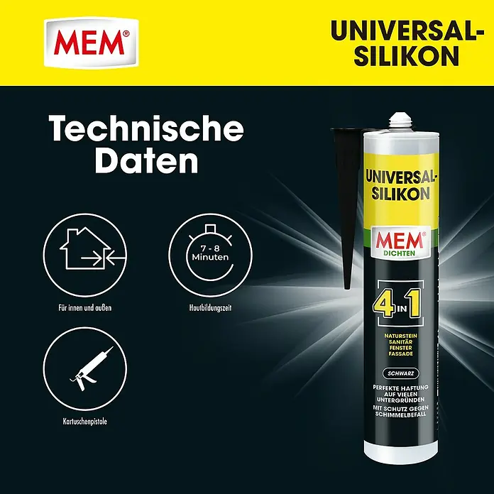 MEM Universal-Silikon 4in1 - Schwarz, 300 ml - MEM Universal-Silikon, ein vielseitiges Dichtungsmittel für Innen und Außen, mit schneller Hautbildung und einfacher Anwendung mit Kartuschenpistole.