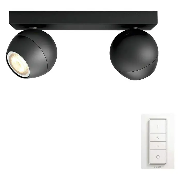 Philips Hue Regleta LED Buckram - 11 W, L x An x Al: 8,2 x 25,2 x 10,3 cm, Negro, Multicolor, 2 ud. - Un moderno plafón LED Philips Hue negro con dos focos y un mando a distancia correspondiente para la gestión de la luz.