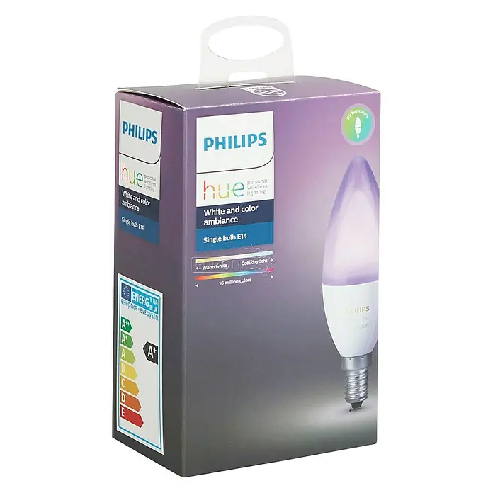 Philips Hue Bombilla LED RGB - E14, Intensidad regulable, RGBW, 470 lm, 6,5 W - Una bombilla individual Philips Hue White and Color Ambiance E14 en su embalaje. Iluminación inteligente para tu hogar.