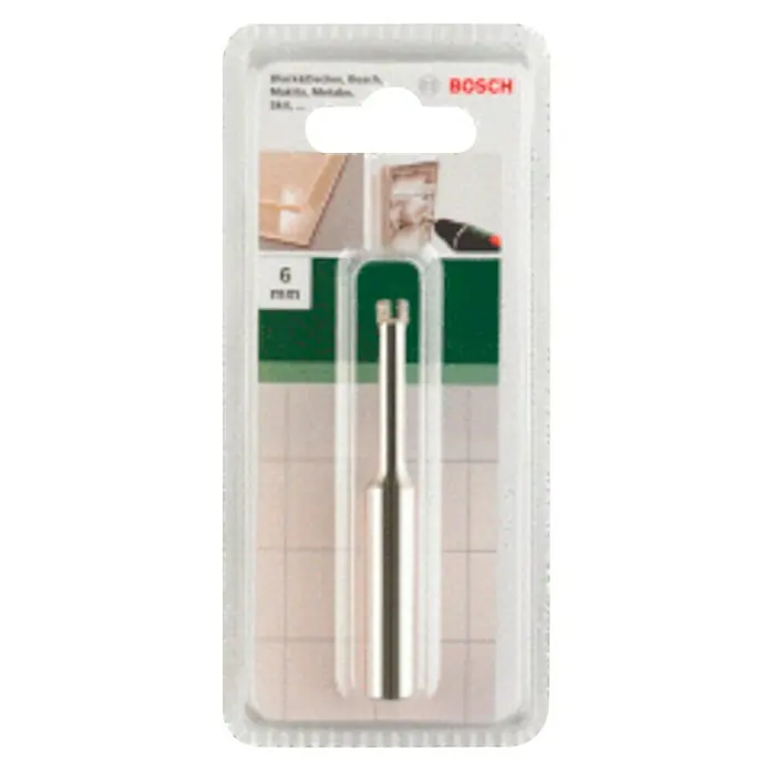Bosch Broca para hormigón y mampostería - 1 ud., Diámetro de la broca: 8 mm - Foto de una broca para azulejos Bosch de 6 mm, presentada en un envase de plástico transparente, adornado con el logo de Bosch.