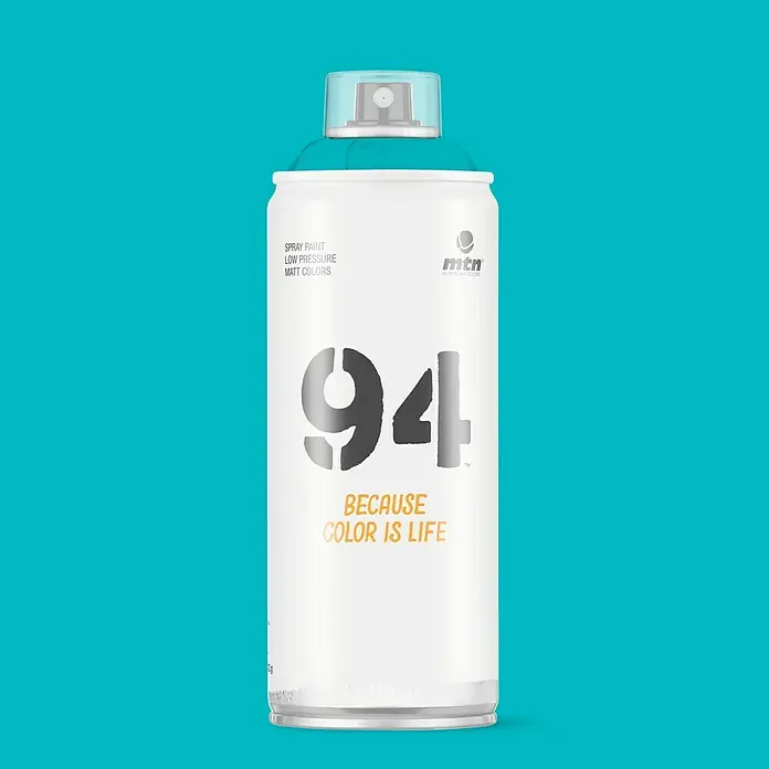 mtn Pintura decorativa en spray 94 - Azul Formentera, Mate, 400 ml - Detalle de una lata de aerosol MTN 94 de color azul claro. La lata es blanca con el número "94" y el eslogan "Because Color Is Life".