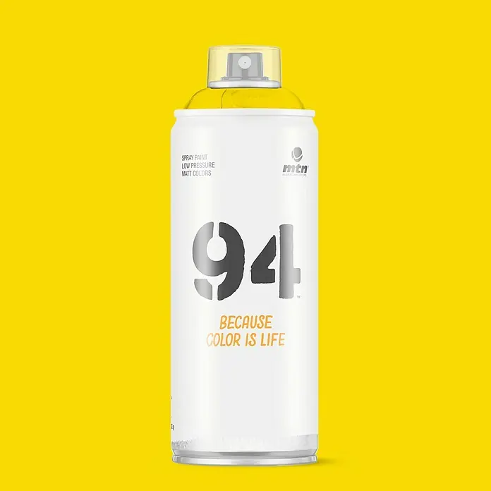 mtn Pintura decorativa en spray 94 - Amarillo azufre, Mate, 400 ml - Pintura en aerosol amarilla MTN 94 de baja presión y colores mate, ideal para proyectos de arte y graffiti.
