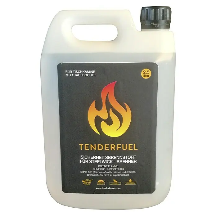 Tenderflame Spezialbrennstoff - 2,5 l - Tenderfuel Sicherheitsbrennstoff im 2,5 Liter Kanister für Tischkamine mit Stahldochte. Ideal für Innen- und Außenbereiche.