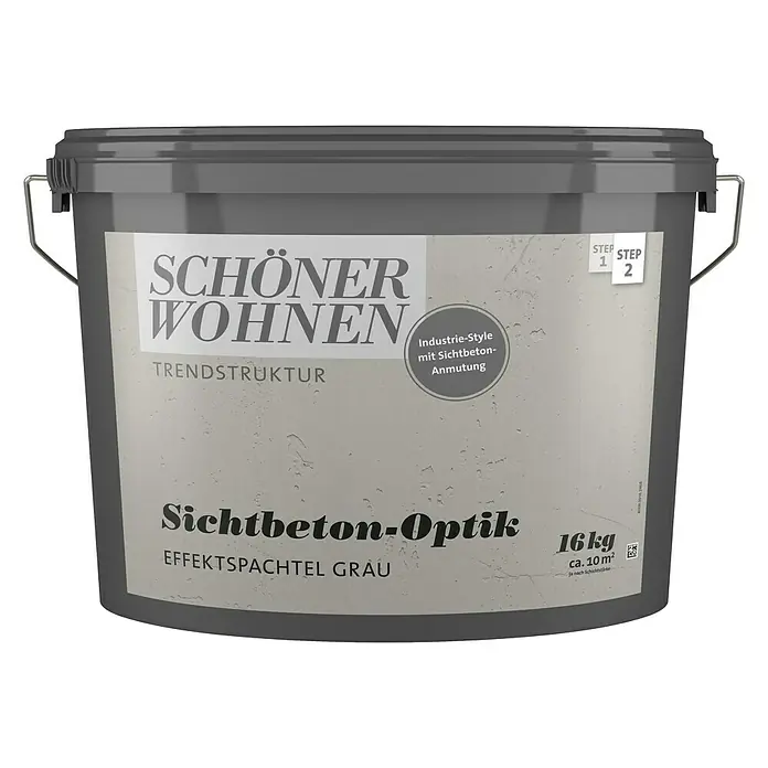 SCHÖNER WOHNEN-Farbe Trendstruktur Effektspachtel Sichtbeton-OptikSichtbeton-Optik, Grau, 16 kg - Abbildung eines grauen Eimers "Schöner Wohnen" Effektspachtel Grau, für eine Beton-Optik im Industrie-Stil mit einer Reichweite von ca. 10m².