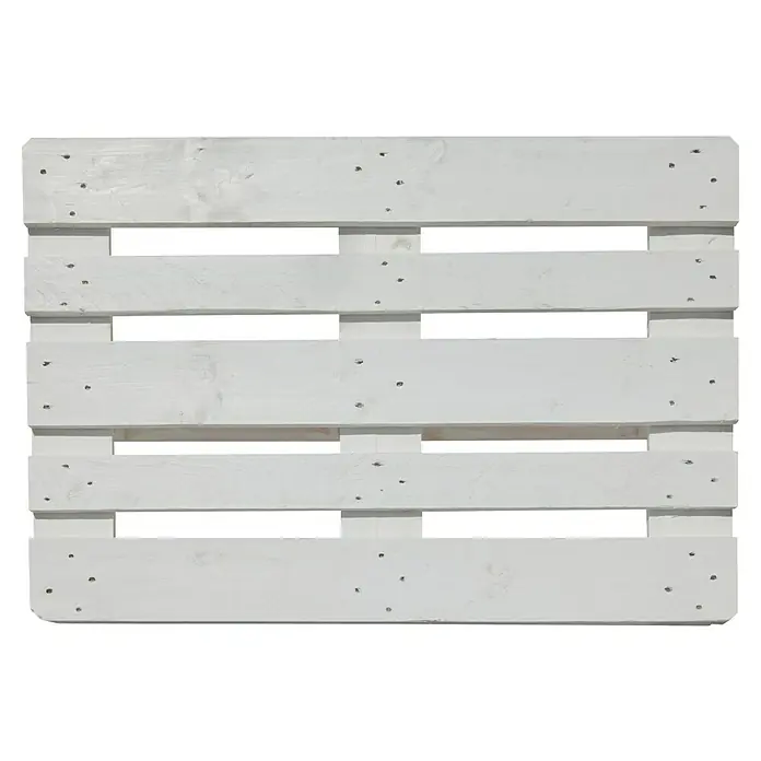 Deko-Palette - 120 x 80 x 14 cm, Weiß - Eine weiße Holzpalette mit mehreren Brettern und Befestigungspunkten, die eine rustikale und dennoch elegante Optik bietet.