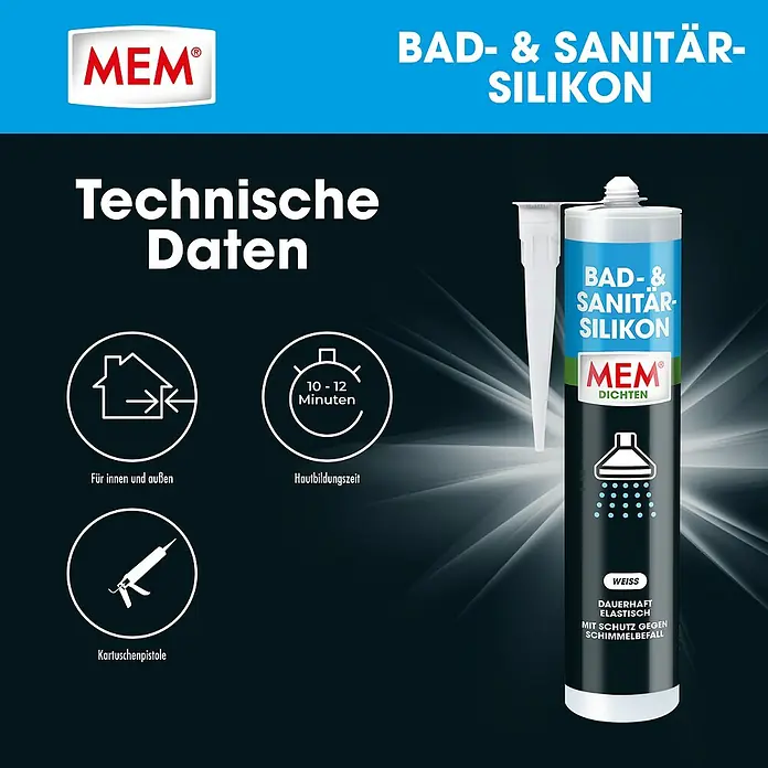 MEM Silikon Bad- & Sanitär-Silikon - Weiß, 300 ml - Produktbild von MEM Bad- & Sanitär-Silikon, geeignet für innen und außen. Die Hautbildungszeit beträgt 10-12 Minuten, anzuwenden mit Kartuschenpistole.