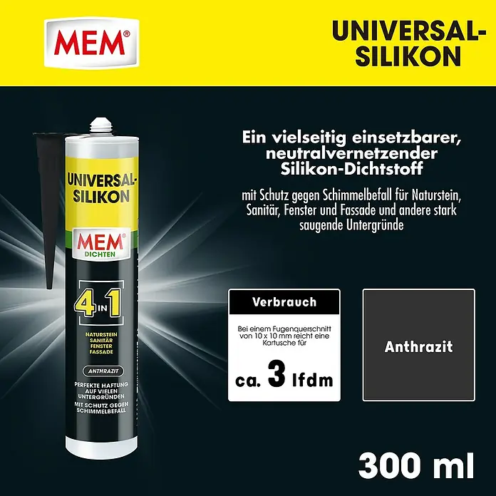 MEM Universal-Silikon 4in1 - Anthrazit, 300 ml - Produktbild von MEM Universal-Silikon, einem vielseitigen, neutralvernetzten Silikon-Dichtstoff in Anthrazit, 300 ml.