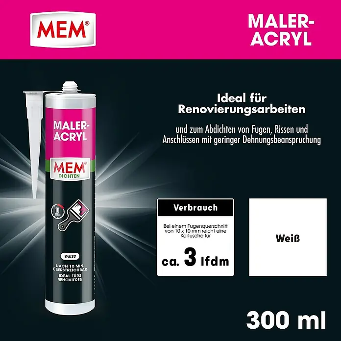 MEM Maleracryl - Weiß, 300 ml - MEM Maler-Acryl, ideal für Renovierungsarbeiten. Zum Abdichten von Fugen, Rissen und Anschlüssen. 300 ml.