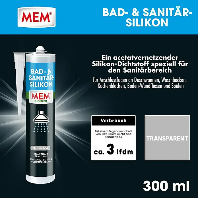 MEM Silikon Bad- & Sanitär-Silikon - Transparent, 300 ml - Abbildung einer Kartusche MEM Bad- & Sanitär-Silikon, transparent, für langlebige, elastische und schimmelresistente Fugen im Sanitärbereich.