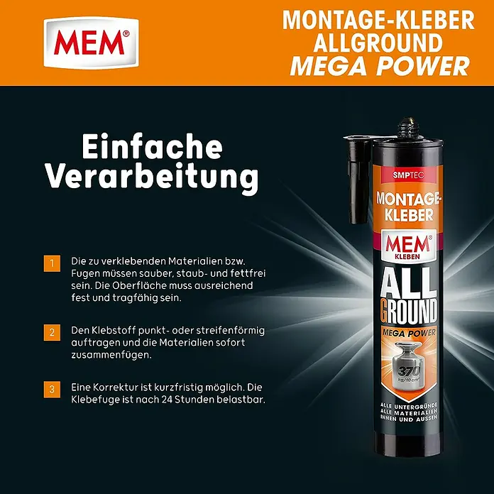 MEM Montagekleber ALLGROUND Mega Power - Weiß, 450 g - MEM Allground Montagekleber: Starker Montagekleber für alle Materialien, ideal für Innen- und Außenbereiche. Einfache Verarbeitung garantiert!