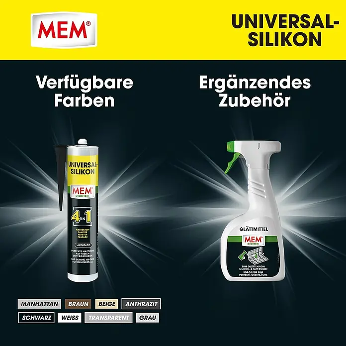 MEM Universal-Silikon 4in1 - Anthrazit, 300 ml - MEM Universal-Silikon und Glättmittel-Spray für perfekte Oberflächen. Verfügbare Farben: Manhattan, Braun, Beige, Anthrazit, Schwarz, Weiss, Transparent, Grau.