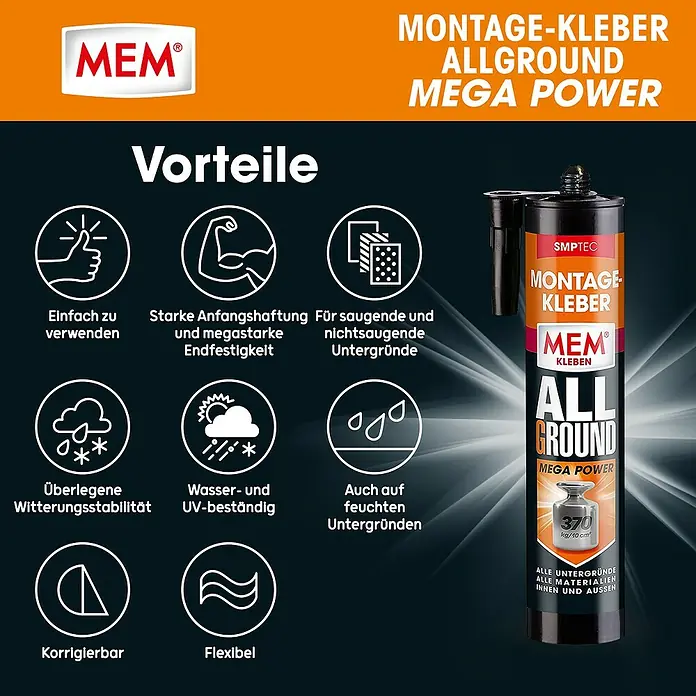 MEM Montagekleber ALLGROUND Mega Power - Weiß, 450 g - MEM Montagekleber Allground Mega Power: Einfach zu verwenden, starke Haftung, für saugende Untergründe, witterungsbeständig, UV-beständig und flexibel.