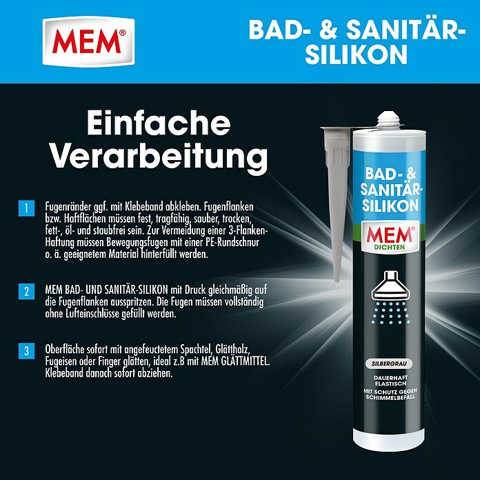 MEM Silikon Bad- & Sanitär-Silikon (Silbergrau, 300 ml)
