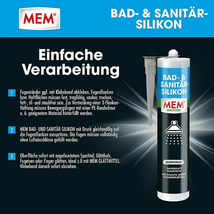 MEM Silikon Bad- & Sanitär-Silikon - Silbergrau, 300 ml - MEM Bad- & Sanitär-Silikon: Dauerhaft elastisches Silikon in Silber, ideal für Bad und Sanitär, mit Schimmelpilzschutz.
