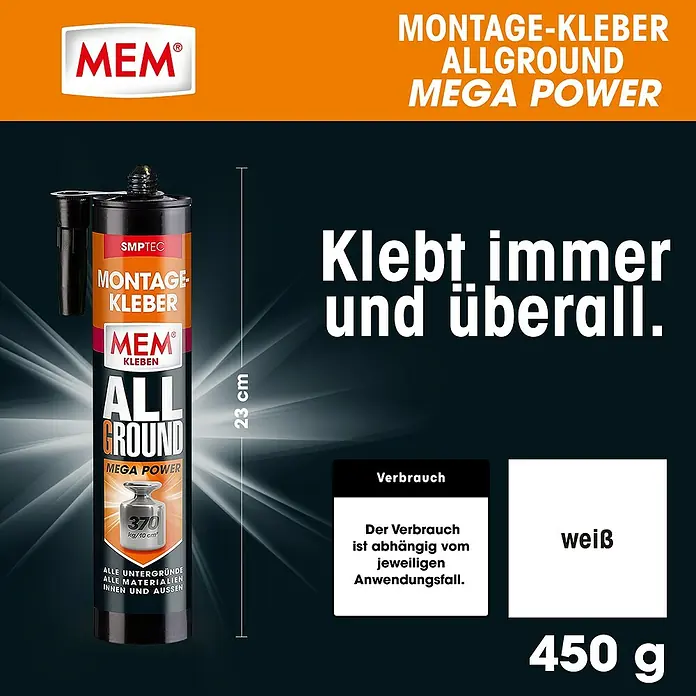 MEM Montagekleber ALLGROUND Mega Power - Weiß, 450 g - MEM Montage-Kleber Allground Mega Power: Universeller Klebstoff für alle Untergründe, innen und außen, 450g.