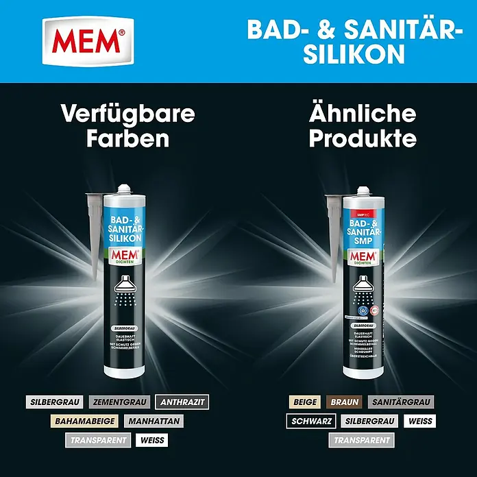 MEM Silikon Bad- & Sanitär-Silikon - Silbergrau, 300 ml - MEM Bad- & Sanitär-Silikon in verschiedenen Farben und ähnliche Produkte. Silbergrau, Zementgrau, Anthrazit, Bahamabeige, Manhattan, Transparent und Weiß.