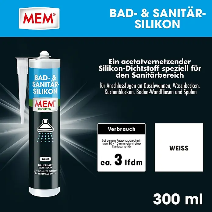MEM Silikon Bad- & Sanitär-Silikon - Weiß, 300 ml - MEM Bad- & Sanitär-Silikon, ein acetatvernetzender Dichtstoff für Anschlussfugen in Bad und Küche, 300 ml, bietet dauerhaften Schutz.