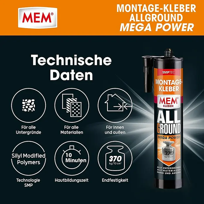 MEM Montagekleber ALLGROUND Mega Power - Weiß, 450 g - Produktabbildung des MEM Montage-Kleber Allground Mega Power, einem Baukleber für vielseitige Anwendungen im Innen- und Außenbereich.