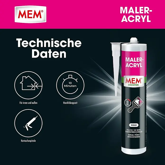 MEM Maleracryl - Weiß, 300 ml - Werbebild von MEM Maler-Acryl, einer Dichtungsmasse für den Innen- und Außenbereich, ideal für Renovierungen, die nach 10 Minuten überstreichbar ist.