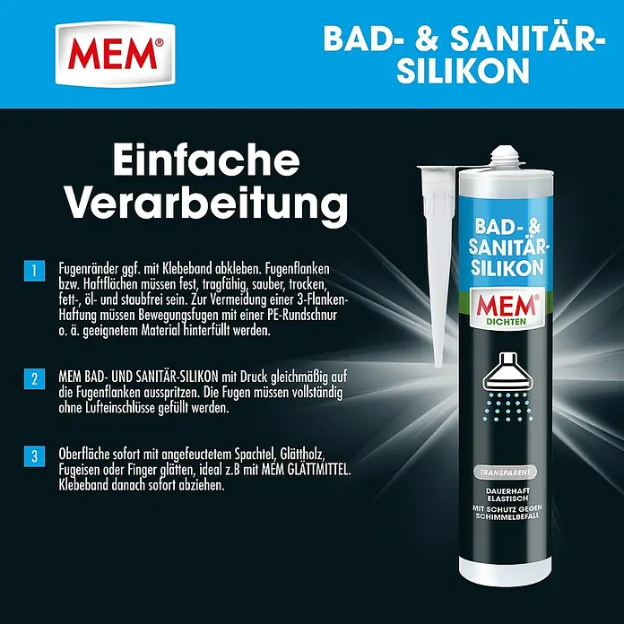MEM Silikon Bad- & Sanitär-Silikon - Transparent, 300 ml - MEM Bad- & Sanitär-Silikon: Transparent, dauerhaft elastisch und mit Schutz gegen Schimmelbefall. Ideal für Bad und Sanitär.