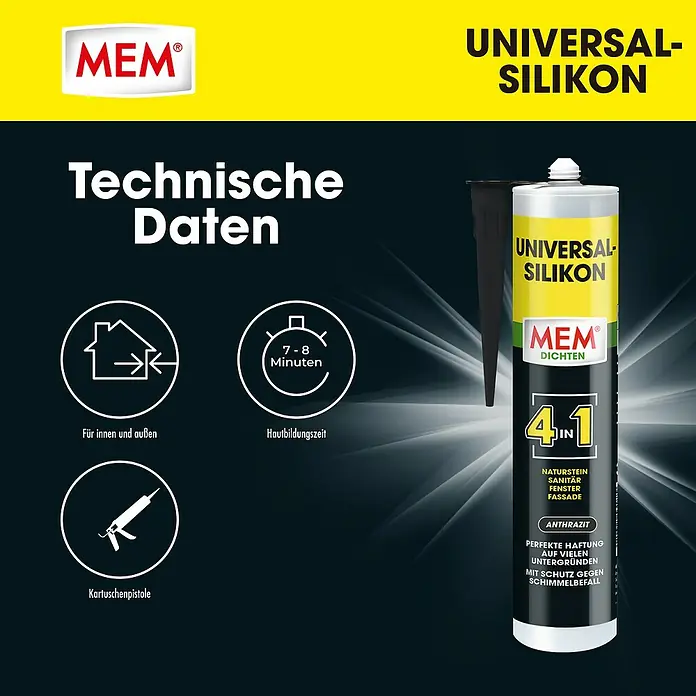 MEM Universal-Silikon 4in1 - Anthrazit, 300 ml - MEM Universal-Silikon-Dichtmittel für den Innen- und Außenbereich. Technische Daten wie Hautbildungszeit und Anwendung mit Kartuschenpistole.